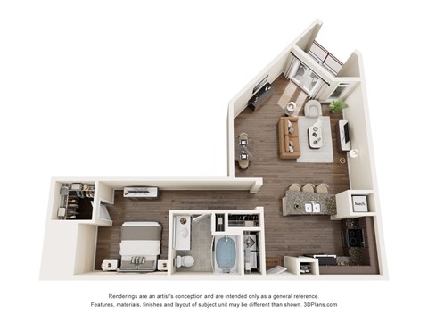 Floor plan for 1 bed, 1 bath, 878 sqft